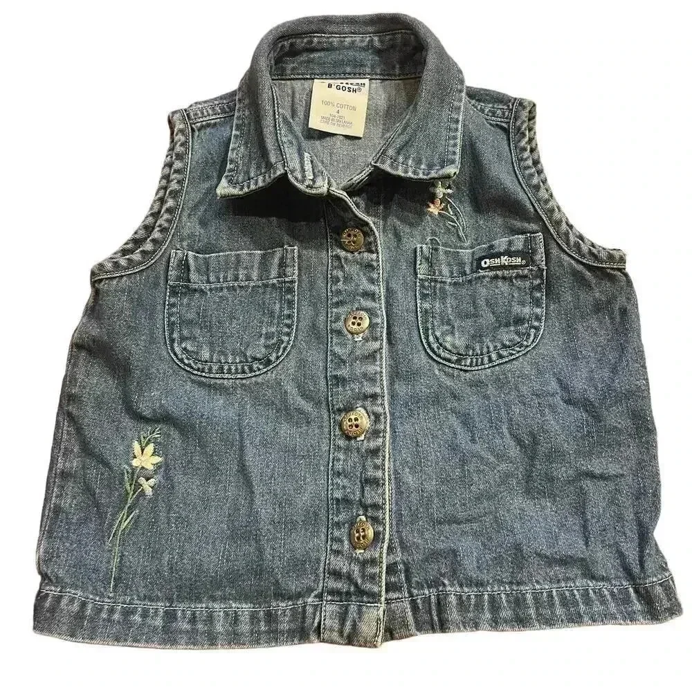 Vintage OshKosh B'gosh Girls Denim Vest Size 4 Embroidered Flowers Floral Casual